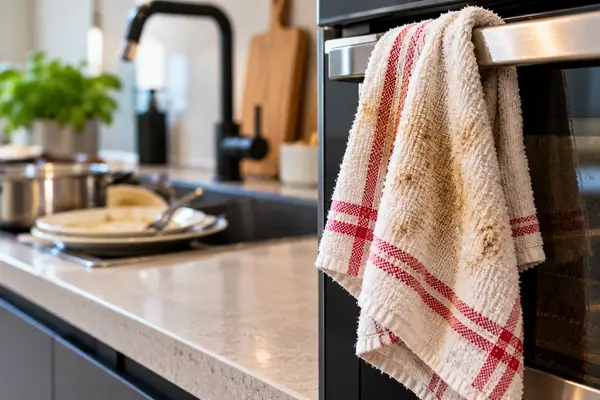 Stained Red-Striped Kitchen Towel