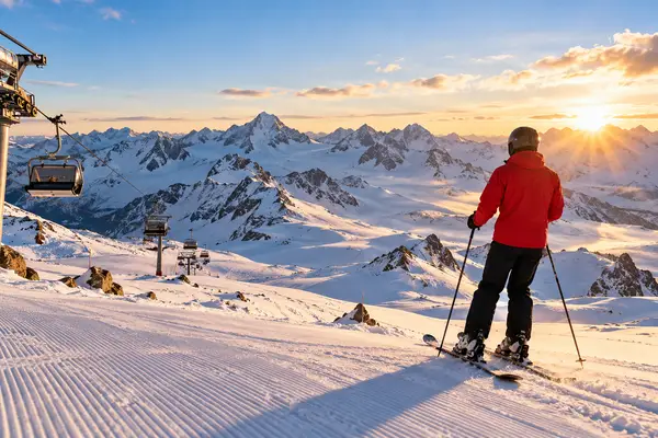 Sunrise Skiing Above Alpine Peaks