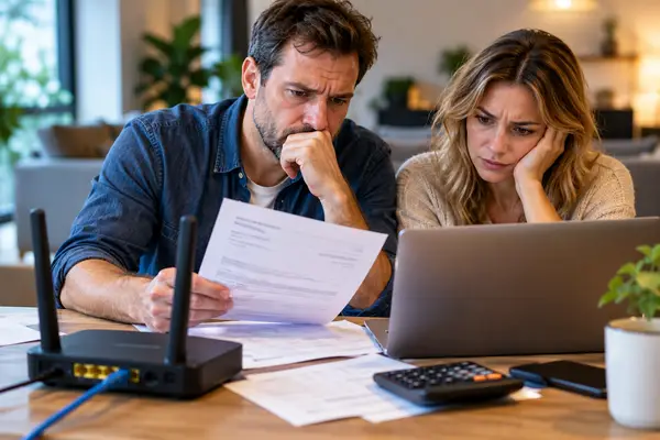 Worried Couple Reviewing Bills and Router Costs