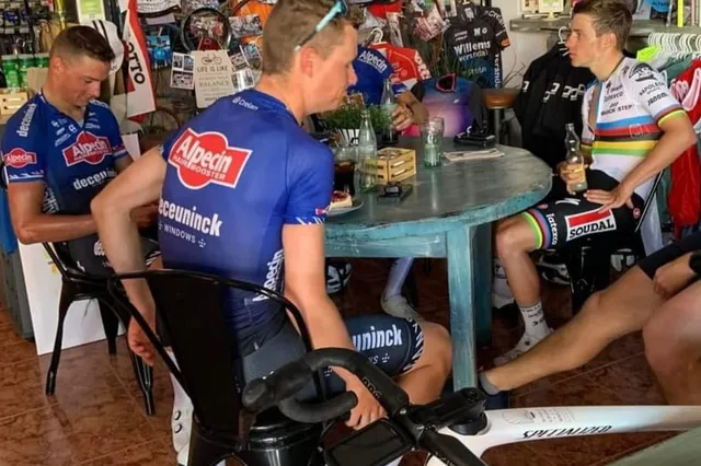 Mathieu van der Poel and Remco Evenepoel take a break from training to share a drink together