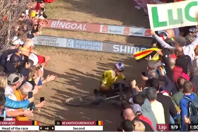 VIDEO: Wout van Aert forced to celebrate saddleless after late crash in bizarre Benidorm scenes