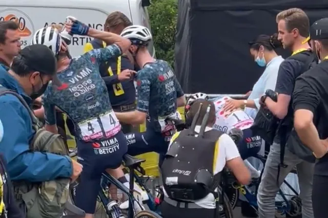 VIDEO: Jonas Vingegaard & Matteo Jorgenson consoled after heart-breaking end to stage 19 of 2024 Tour de France for Team Visma | Lease a Bike