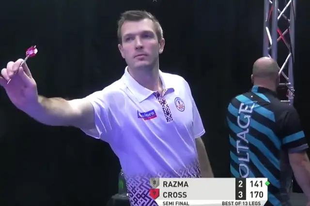 VIDEO: Razma produces brilliant juggling act during nine-dart finish against Cross at Players Championship 26