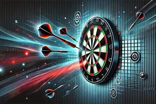 dalle 2024 09 18 153023 a dynamic and visually striking darts themed banner featuring a dartboard at the center with darts flying towards the bullseye the background should