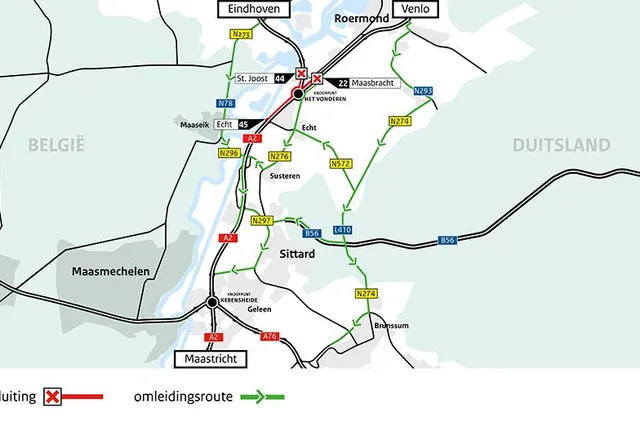 A2: weekendafsluiting St. Joost - Echt en A73 Maasbracht -Het Vonderen richting Maastricht