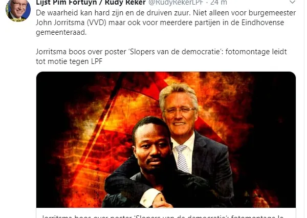Burgemeester Eindhoven boos op LPF-poster. LPF-poster: 'Einde Zwarte Piet mogelijk gemaakt door Jorritsma en Jerry Afriyie'