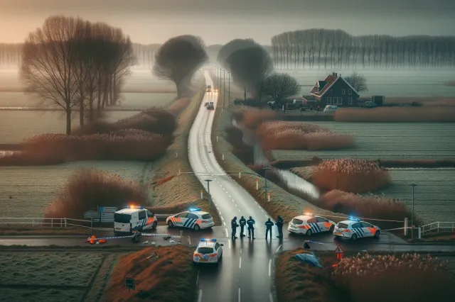 dalle 2024 06 04 132918 a somber scene with a police investigation in progress the image shows a rural area with the knardijk road near lelystad featuring police cars offi