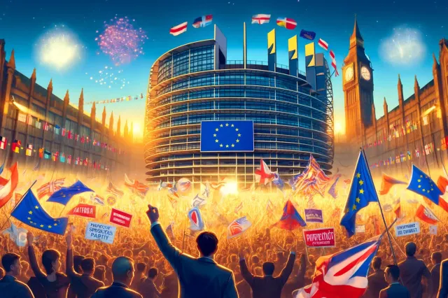 dalle 2024 06 10 111530 a dynamic and energetic scene depicting the aftermath of the european parliament elections showing a large crowd celebrating with flags of various eu