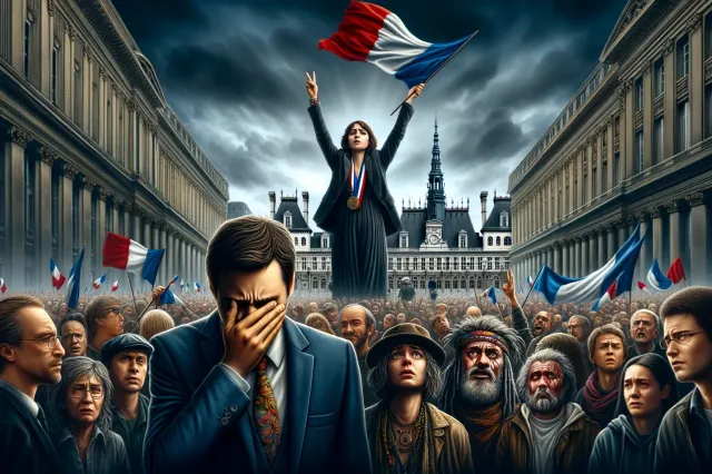 dalle 2024 06 10 163514 a dramatic political scene featuring a defeated politician with his hand covering part of his face standing in front of a government building behind