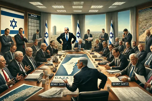 dalle 2024 06 17 120752 an intense political scene showing israeli prime minister benjamin netanyahu in a meeting room with a tense atmosphere netanyahu is seated at the hea