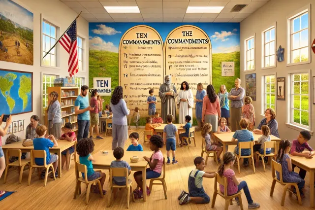 dalle 2024 06 20 111138 a picturesque and respectful scene in a school in louisiana usa with the ten commandments prominently displayed on a wall the setting is bright and