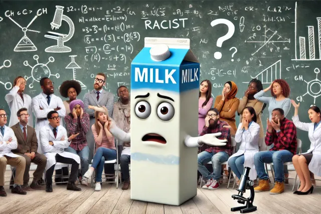 dalle 2024 06 24 171544 an image depicting the absurdity of the idea that milk is racist show a milk carton with a confused and shocked expression standing in front of a gr