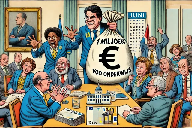 dalle 2024 06 25 162252 a political cartoon style image depicting the demissionary cabinet of rutte iv in a meeting room hurriedly handing over a large bag of money labeled
