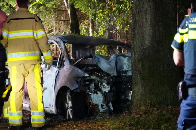 Auto klapt tegen boom en vliegt in brand aan Kampweg