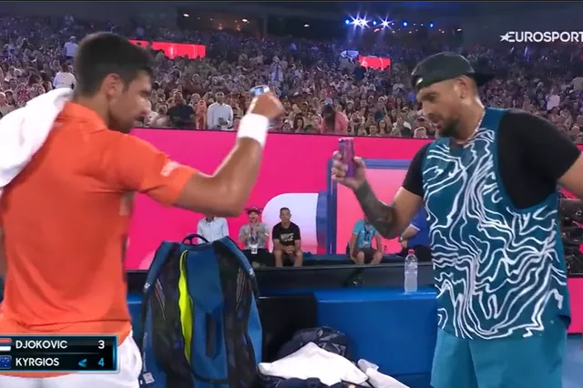 (VIDEO) Kyrgios-Djokovic bromance continues as they cheers and share drinks during practice match to delight of the crowd