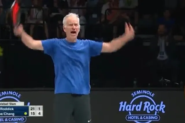 VIDEO: McEnroe amped up after scoring point against Roddick and Agassi at Pickleball Slam