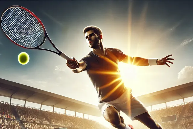 dalle 2024 09 16 152114 a realistic tennis scene featuring a professional tennis player in action hitting a powerful forehand on a sunlit outdoor hard court the player is i copy