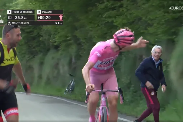 VIDEO: Tadej Pogacar woest op fan die iets te dichtbij komt op Monte Grappa tijdens Giro d'Italia