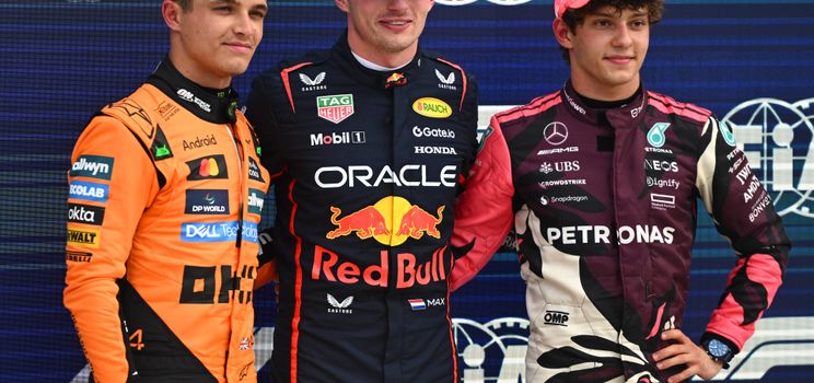 Lando Norris, Max Verstappen en Kimi Antonelli na de kwalificatie in Miami