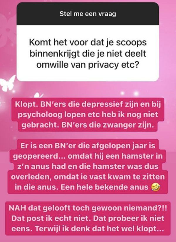 Gerucht dat bij BN'er operatief een hamster uit achterwerk is verwijderd is waar...