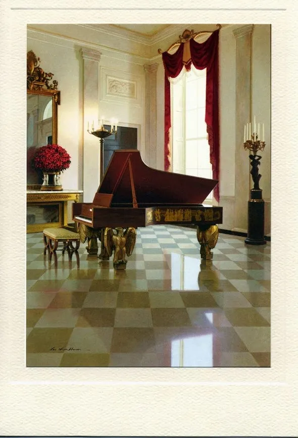 during the administration of self professed born again christian george w bush here was the 2002 card photo realist painting of a piano in the white house no shepherds wise men or mangers to be found