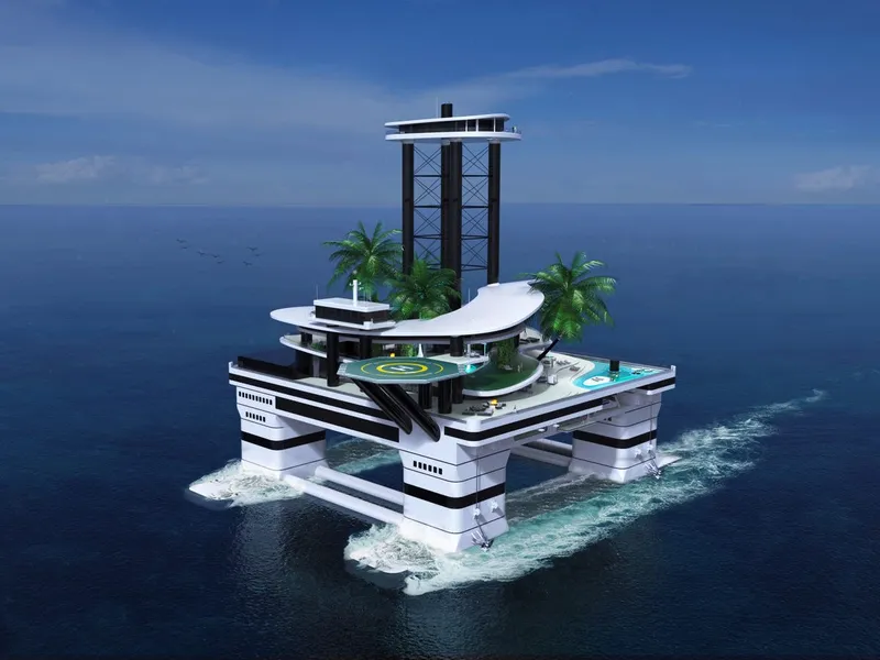 eight engines allow the mammoth platform to chug along at speeds up to 8 knots or about 9 mph