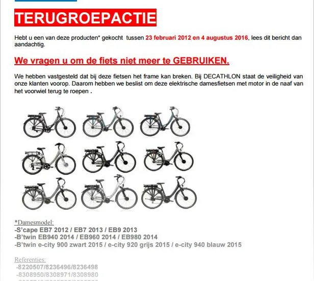 recall decathlon btwin scapes elektrische fietsen