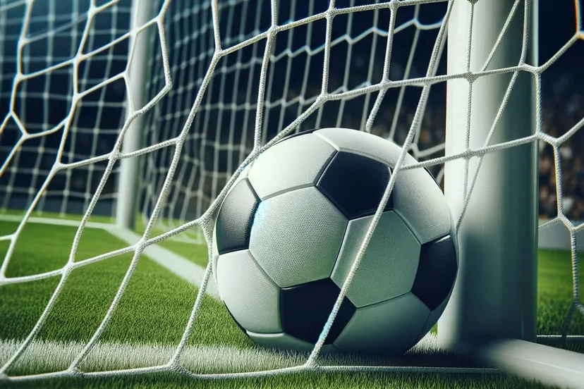 dalle 2023 11 23 132712 an image of a soccer ball nestled into the corner of a goal net the goal is standard size with white netting and its situated on a well maintained