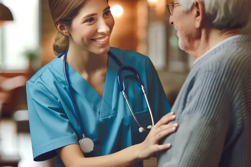 dalle 2023 11 23 135214 an empathetic and professional nurse in elderly care wearing scrubs with a reassuring smile assisting an elderly person with a walker the environm