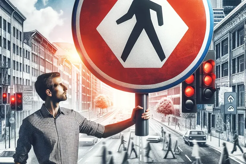 dalle 2023 12 14 075119 a conceptual artwork titled verkeersveiligheid in zijn hemd the image features a man wearing a checkered shirt holding a red traffic sign that sym