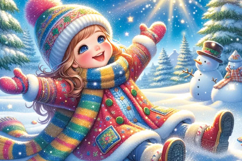 dalle 2023 12 15 063551 a delightful scene of a young girl playing in the snow the girl is dressed warmly in a colorful winter coat scarf and hat joyfully making a snow a