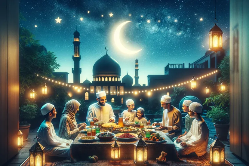 dalle 2024 03 12 154211 create an image that captures the essence of ramadan showcasing a peaceful evening scene with a crescent moon visible in the starry night sky in the
