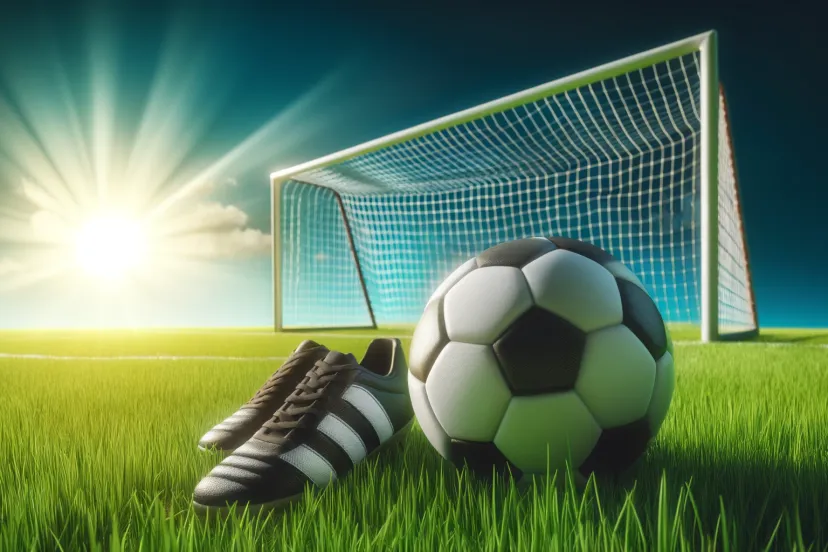 dalle 2024 05 06 100231 a vibrant soccer scene with a lush green grass field under a clear blue sky in the foreground a soccer ball rests on the grass next to a single soc
