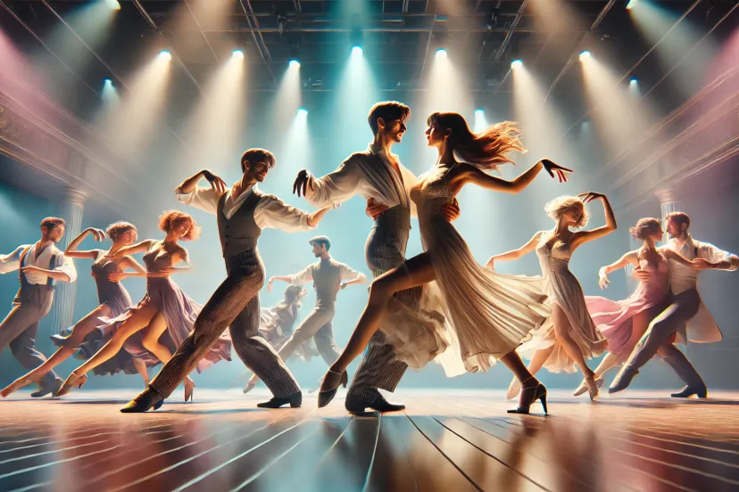 dalle 2024 07 08 114224 a group of realistic dancers and danseuses performing on a stage they are dressed in elegant dance attire with the women wearing flowing dresses and