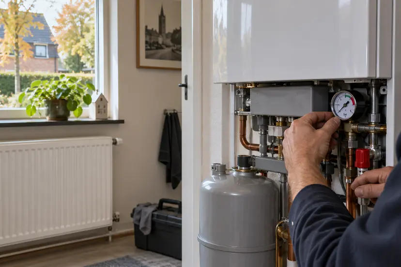 Monteur controleert cv-ketel en radiator voor de winter in Apeldoorn