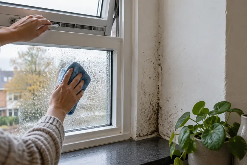 Vocht en beginnende schimmel bij een raam in een woning in Apeldoorn