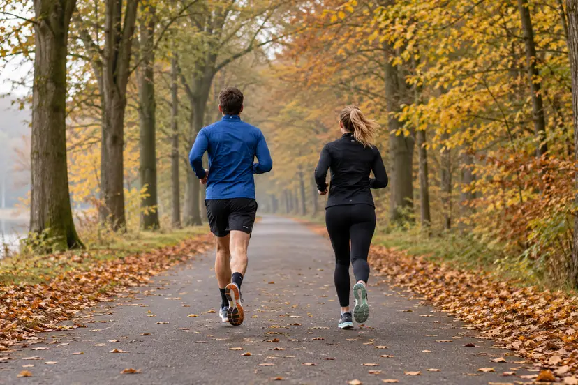 AI-illustratie van twee recreatieve hardlopers op een boomrijke laan in de herfst