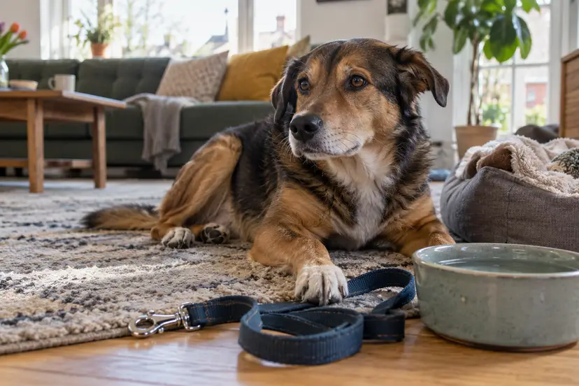 Een hond rust in huis naast een riem en waterbak.