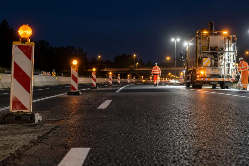 Wegwerkers, afzettingen en een onderhoudsvoertuig op een snelweg in het donker