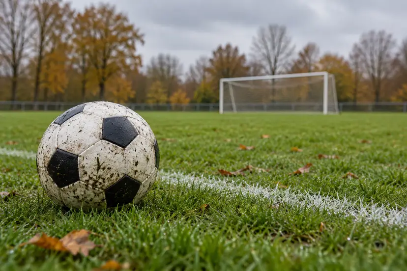 Voetbal op een nat grasveld met een doel en herfstbomen op de achtergrond – AI-illustratie