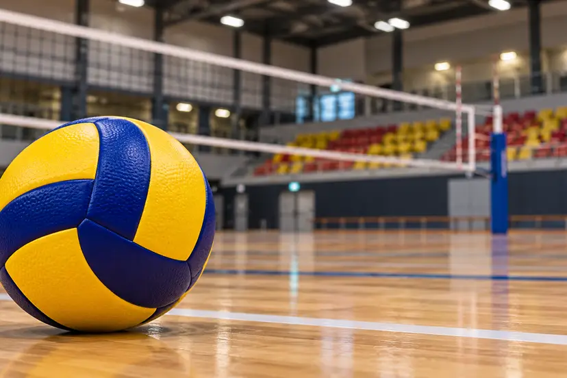 Geel-blauwe volleybal op de vloer van een sporthal; AI-illustratie.
