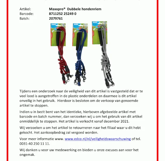 recall aie maxxpro dubbele hondenriem sep2023
