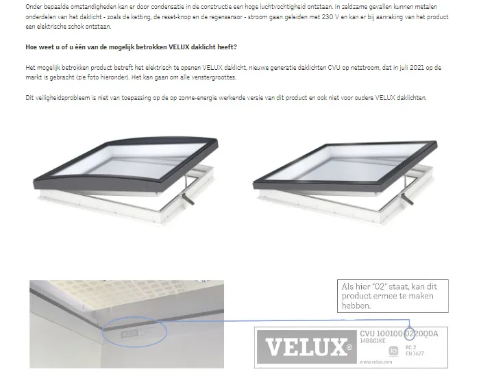 recall velux dakraam