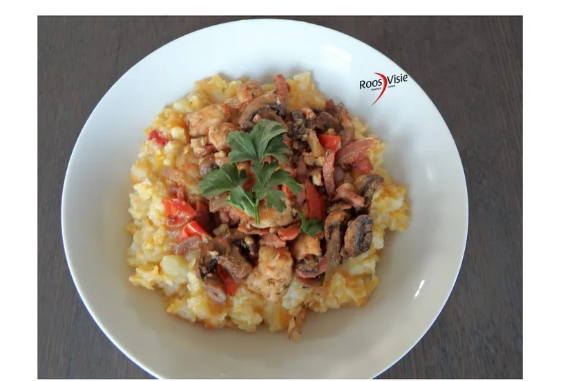 bloemkool pompoen en aardappelstamp met baconreepjes en vis