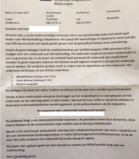 nepbrief namens rivm met oproep hivtest