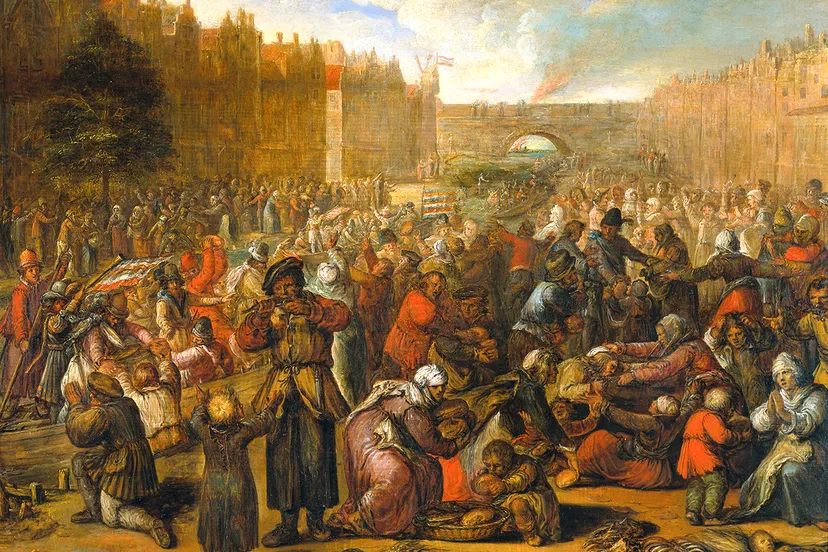 de uitdeling van haring en wittebrood na de opheffing van het beleg van leiden 3 oktober 1574 rijksmuseum sk a 3911