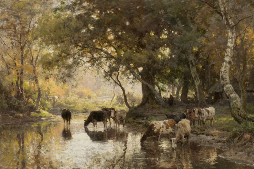 julius van de sande bakhuyzen rustende koeienhoeder aan oever van door bomen omzoomde waterkant 002