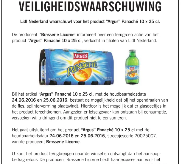lidl argus panache terugroepreclame