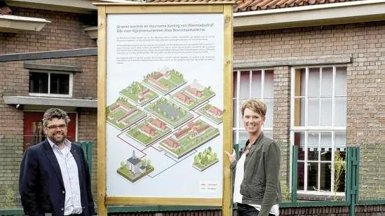 alinda boeve directielid bouwbedrijf noordersluis en valentijn kleijnen directeur warmtebedrijf ede onthullen het informatiebord op locatie