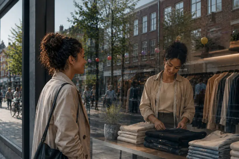 Winkelstraat reflecties en kledingvouwen